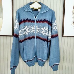 Vintage 80’s Blair Zip Up Cardigan Sweater Blue Snowflake Apres Ski